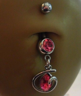 Surgical Steel Belly Ring Pink Marquise Crystal Loop Dangle 14 gauge 14g - I Love My Piercings!