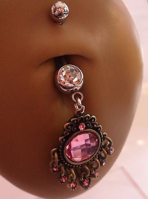 Surgical Steel Belly Ring Rustic Antique Pink Crystals Dangle 14 gauge 14g - I Love My Piercings!