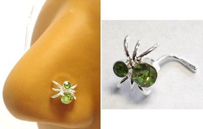 New Sterling Silver Nose Stud Ring L Shape Crystal GREEN SPIDER 20g 20 gauge - I Love My Piercings!