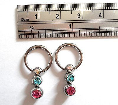 Pair 2 pieces Surgical Steel Crystal Hoop Earrings Lobe captives 14g 14 gauge - I Love My Piercings!