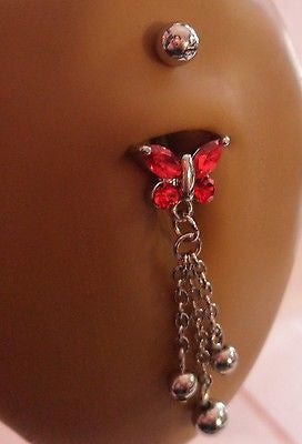 Surgical Steel Belly Ring Red Crystal Butterfly  Dangle 14 gauge 14g - I Love My Piercings!