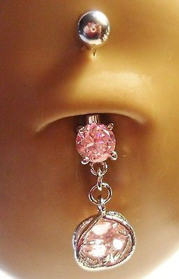 Surgical Steel Belly Ring Barbell Dangle Pink Crystal Cradle 14 gauge 14g - I Love My Piercings!
