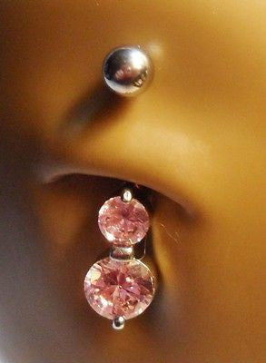 Surgical Steel Double Drop Belly Ring Barbell Dangle Pink Crystal 14 gauge 14g - I Love My Piercings!