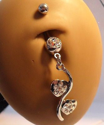Surgical Steel Belly Ring Curved Barbell Heart  Clear Crystals 14 gauge 14g - I Love My Piercings!