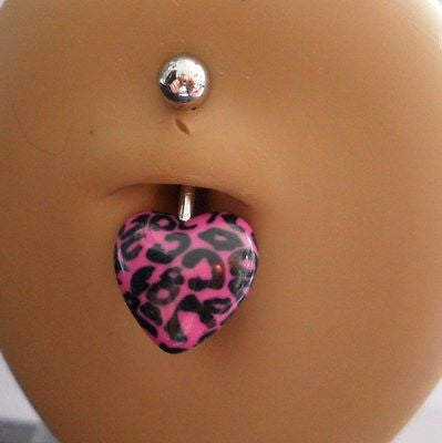 Surgical Steel Belly Ring Cheetah Pattern Black Pink 14 gauge 14g Heart - I Love My Piercings!