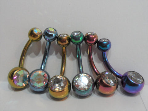 6 Piece Pure Titanium Double Crystal Belly Rings 14 gauge