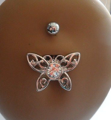 Surgical Steel Belly Fancy Dangle Clear Filigree Crystal Butterfly 14 gauge 14g - I Love My Piercings!