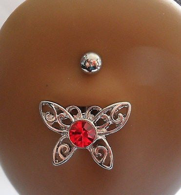 Surgical Steel Belly Fancy Dangle Red Filigree Crystal Butterfly 14 gauge 14g - I Love My Piercings!