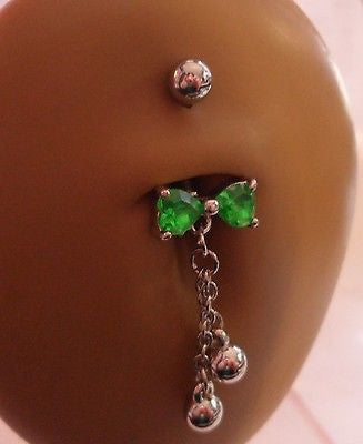 Surgical Steel Belly Ring Peridot Green Bow Tie Crystals  Dangle 14 gauge 14g - I Love My Piercings!