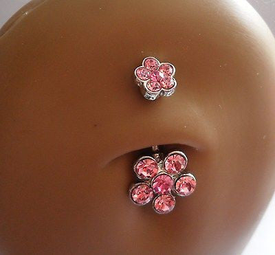 Surgical Steel Curved Barbell Belly Ring Double Flower Pink 14 gauge 14g - I Love My Piercings!