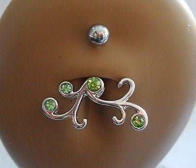 Surgical Steel Swirl Belly Ring Curved Barbell Green Crystals Gem 14 gauge 14g - I Love My Piercings!