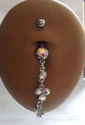 Surgical Steel Belly Ring Dangle Crystal Flower Drop 14 gauge 14g Iridescent - I Love My Piercings!