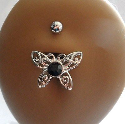 Surgical Steel Belly Fancy Dangle Black Filigree Crystal Butterfly 14 gauge 14g - I Love My Piercings!