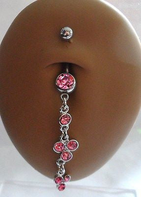 Surgical Steel Belly Ring Dangle Crystal Flower Drop 14 gauge 14g Pink - I Love My Piercings!
