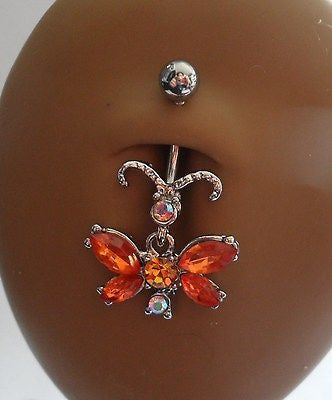Surgical Steel Belly Ring Fancy Crystal Butterfly Dangle 14 gauge 14g Amber - I Love My Piercings!