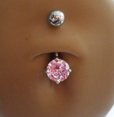 Surgical Steel Belly Ring Round Pink Crystal Solitaire Claw Set 14 gauge 14g - I Love My Piercings!