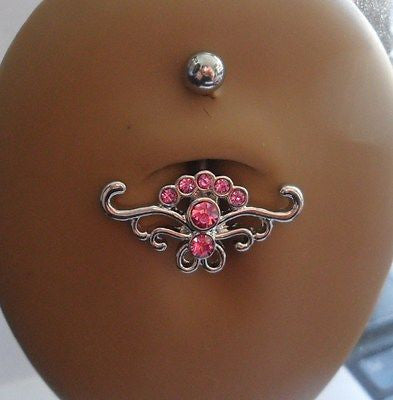 Surgical Steel Tribal Double Swirl Belly Ring Crystal Gem 14 gauge 14g Pink - I Love My Piercings!