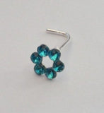Sterling Nose Stud Ring L Shape Large Open Flower Crystal Aqua 20g 20 gauge - I Love My Piercings!