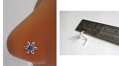 Sterling Silver Nose Stud Pin Ring L Shape Crystal Flower 20g 20 gauge Blue - I Love My Piercings!