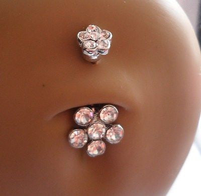 Surgical Steel Curved Barbell Belly Ring Double Flower Clear 14 gauge 14g - I Love My Piercings!
