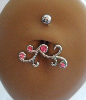 Surgical Steel Swirl Belly Ring Curved Barbell Pink Crystals Gem 14 gauge 14g - I Love My Piercings!