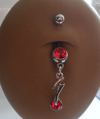 Surgical Steel Belly Ring Lightening Bolt Crystal Drop 14 gauge 14g Red - I Love My Piercings!