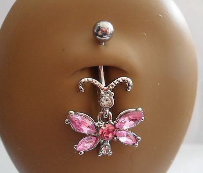 Surgical Steel Belly Ring Fancy Crystal Butterfly Dangle 14 gauge 14g Pink - I Love My Piercings!