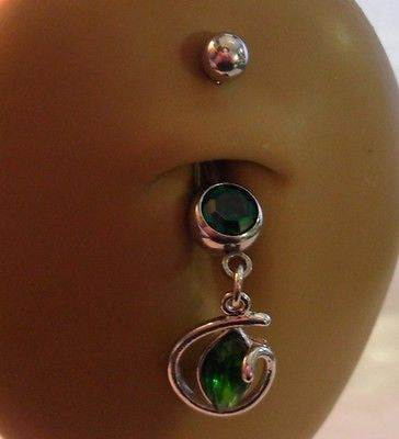 Surgical Steel Belly Ring Green Marquise Crystal Loop Dangle 14 gauge 14g - I Love My Piercings!