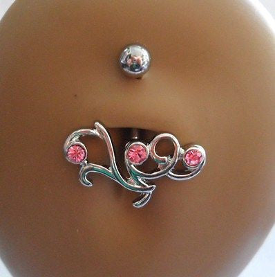 Surgical Steel Tribal Swirl Belly Ring Barbell Pink Crystal Gem 14 gauge 14g - I Love My Piercings!