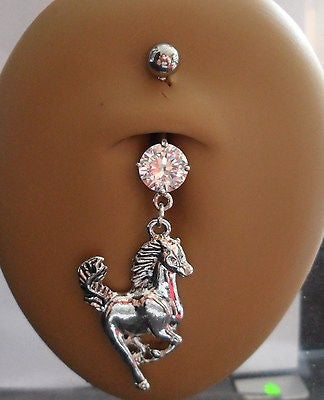Surgical Steel Belly Fancy Dangle Clear Horse Crystal Ring 14 gauge 14g - I Love My Piercings!
