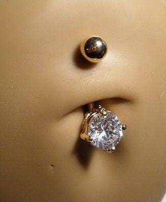Gold Titanium Belly Ring Round Cut Solitaire Claw Set Clear Crystal 14 gauge 14g - I Love My Piercings!