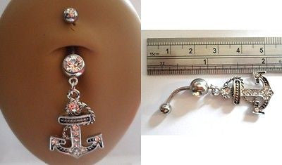 Surgical Steel Curved Barbell Belly Ring Clear Crystal Anchor 14 gauge 14g - I Love My Piercings!