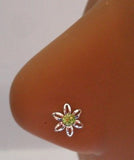 Sterling Silver Nose Stud Pin Ring L Shape Crystal Flower 20g 20 gauge Green - I Love My Piercings!