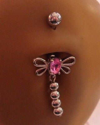 Surgical Steel Belly Ring Pink Crystal Dragonfly  Dangle 14 gauge 14g - I Love My Piercings!
