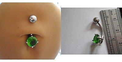 Surgical Steel Belly Ring Round Green Crystal Solitaire Claw Set 14 gauge 14g - I Love My Piercings!