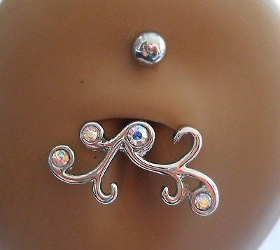 Surgical Steel Swirl Belly Ring Curved Barbell Iridescent Crystals 14 gauge 14g - I Love My Piercings!