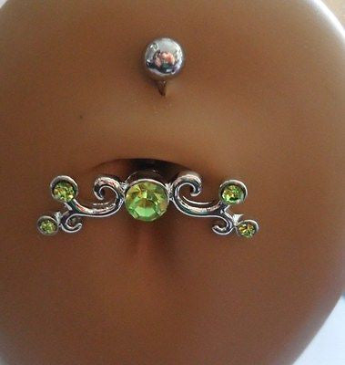 Surgical Steel Tribal Wave Belly Ring Barbell Green Crystal Gem 14 gauge 14g - I Love My Piercings!