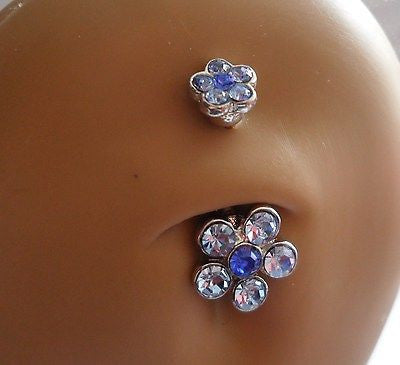 Surgical Steel Curved Barbell Belly Ring Double Flower Blue 14 gauge 14g - I Love My Piercings!