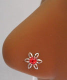 Sterling Silver Nose Stud Pin Ring L Shape Crystal Flower 20g 20 gauge Red - I Love My Piercings!