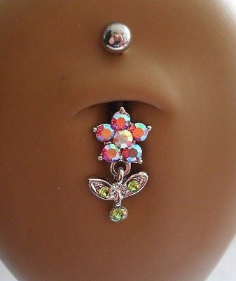 Surgical Steel Curved Barbell Belly Ring Flower Iridescent Dangle 14 gauge 14g - I Love My Piercings!