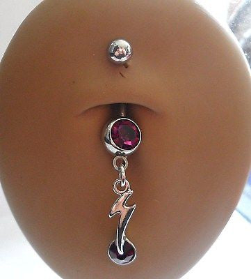 Surgical Steel Belly Ring Lightening Bolt Crystal Drop 14 gauge 14g Deep Purple - I Love My Piercings!
