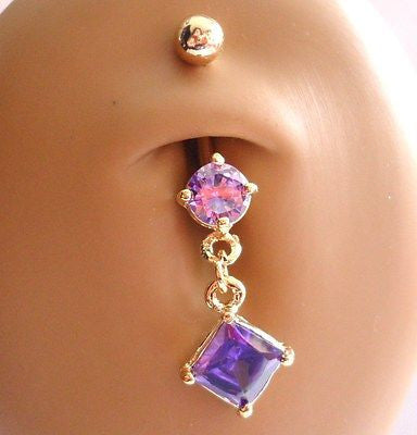 Gold Titanium Purple Crystal Dangle Belly Ring Curved Barbell 14 gauge 14g - I Love My Piercings!