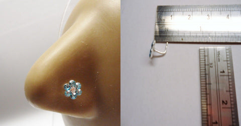 Sterling Silver L Shape Post Pin Nose Ring Aqua Blue Flower CZ Crystal 20g - I Love My Piercings!