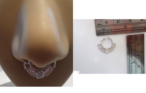 Pearlized Silver Fake Faux Leaf Ornate Septum Hoop Barbell Ring Looks 18 gauge - I Love My Piercings!
