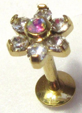 14k Gold Plated Cartilage Lip Earring Clear Crystal Flower Stud Bar 16 gauge 16g